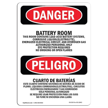 Signmission Safety Sign, OSHA Danger, 18" Height, Rigid Plastic, Battery Room Bilingual Spanish OS-DS-P-1218-VS-1843